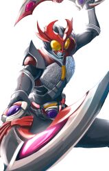 Rule 34 | 1boy, alternate costume, armor, commentary, driver (kamen rider), dual wielding, highres, holding, holding sword, holding weapon, horns, kamen rider, kamen rider agito, kamen rider agito (series), kamen rider agito (shining form), kintsuba (kintsuba 08), male focus, official alternate costume, rider belt, simple background, sword, thighs, tokusatsu, weapon, white background, yellow eyes