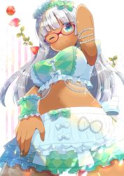 Rule 34 | 1girl, ;), argyle, arm up, blunt bangs, blush, bow, breasts, closed mouth, crop top, dark-skinned female, dark skin, frilled skirt, frills, from below, glasses, green bow, green eyes, kou hiyoyo, long hair, looking at viewer, looking down, medium breasts, midriff, navel, one eye closed, original, red-framed eyewear, shirt, silver hair, skirt, smile, solo, striped, striped background, striped bow, vertical stripes, very long hair, white background, white bow, white shirt, wrist cuffs