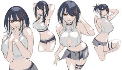 Rule 34 | 1girl, absurdres, black choker, black hair, breasts, choker, cleavage, cleavage cutout, clothes pull, clothing cutout, colored inner hair, crop top, fishnet thighhighs, fishnets, grey hair, grey skirt, hair tie in mouth, halterneck, highres, holding, holding hair, indie virtual youtuber, large breasts, looking at viewer, medium hair, midriff, mouth hold, multicolored hair, multiple views, navel, orange eyes, shirasu (mashiro (rikuya)), shirasu uni, single thighhigh, skirt, skirt pull, smile, thigh strap, thighhighs, virtual youtuber, white background