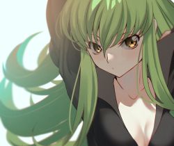 Rule 34 | 1girl, arms up, blush, breasts, c.c., cleavage, closed mouth, code geass, collarbone, creayus, green hair, hair between eyes, long hair, medium breasts, simple background, solo, upper body, very long hair, white background, yellow eyes