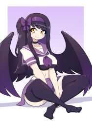 Rule 34 | 1girl, absurdres, between legs, black choker, border, bow, breasts, choker, crop top, crossed legs, daigada, feathered wings, gradient background, hairband, hand between legs, highres, inset border, large breasts, light blush, navel, neckerchief, original, purple background, purple bow, purple hair, purple neckerchief, purple sailor collar, purple skirt, purple wings, sailor collar, school uniform, serafuku, shadow, sitting, skirt, smile, solo, white background, white border, white serafuku, wings, yellow eyes