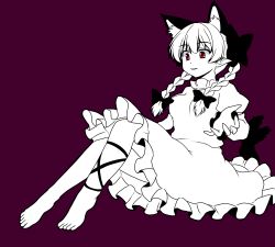 Rule 34 | 1girl, animal ears, barefoot, braid, cat ears, cat tail, dress, frilled dress, frills, isaki (gomi), kaenbyou rin, multiple tails, red eyes, spot color, tail, touhou, twin braids