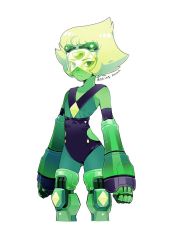 Rule 34 | 1girl, 3:, collarbone, colored skin, cropped legs, df img, forehead jewel, gluteal fold, green hair, green skin, leotard, looking at viewer, mechanical arms, mechanical legs, peridot (steven universe), serious, simple background, solo, steven universe, upper body, visor, white background