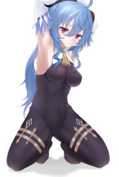 Rule 34 | 1girl, absurdres, ahoge, armpits, arms up, bell, black leotard, black pantyhose, blue hair, bodystocking, bodysuit, breasts, caibao return, cameltoe, covered navel, detached sleeves, furrowed brow, ganyu (genshin impact), genshin impact, groin, highres, horns, kneeling, leotard, leotard under clothes, long hair, looking at viewer, low ponytail, medium breasts, neck bell, no shoes, pantyhose, purple eyes, sideboob, sidelocks, solo, spread legs, thighlet, thighs, toes, white background, white sleeves