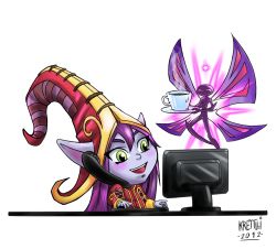 Rule 34 | 1girl, blue skin, blush, coffee, colored skin, computer, cup, fairy, green eyes, hat, keyboard (computer), league of legends, long hair, lulu (league of legends), mouse (computer), open mouth, phone, pix (league of legends), pointy ears, purple hair, purple skin, smile, transparent background, witch hat