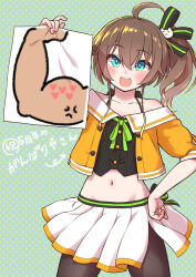 Rule 34 | 1girl, ahoge, anger vein, aqua eyes, arrow (symbol), black pantyhose, brown hair, cat hair ornament, commentary, cowboy shot, groin, hair ornament, hand on own hip, heart, highres, holding, holding drawing, holding paper, hololive, midriff, miniskirt, natsuiro matsuri, navel, off-shoulder shirt, off shoulder, pantyhose, paper, pleated skirt, polka dot, polka dot background, sabaku chitai, shirt, side ponytail, skirt, solo, translation request, virtual youtuber, white skirt