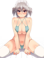Rule 34 | 1girl, alternate hairstyle, bad id, bad pixiv id, bikini, blush, breasts, breasts squeezed together, cleavage, collarbone, commentary request, embarrassed, female focus, grey hair, hayashi custom, highres, huge breasts, izayoi sakuya, large breasts, looking at viewer, maid, maid headdress, micro bikini, navel, partially visible vulva, red eyes, sitting, skindentation, slingshot swimsuit, solo, swimsuit, tears, thighhighs, touhou, two side up, v arms, wariza, white thighhighs