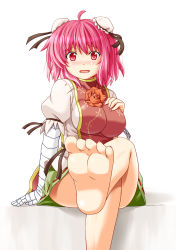 Rule 34 | 1girl, ahoge, bandages, barefoot, beni (bluebluesky), blush, chinese clothes, double bun, feet, female focus, flower, foot focus, highres, ibaraki kasen, open mouth, pink hair, puffy sleeves, red eyes, rose, short hair, short sleeves, sitting, soles, solo, toes, touhou, white background
