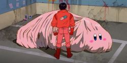 Rule 34 | akira (manga), biker clothes, boots, can, crack, cracked wall, gloves, highres, jacket, kaneda shoutarou (akira), kirby, kirby (series), kirby and the forgotten land, mouthful mode, nintendo, parking lot, pill, red footwear, red gloves, red jacket