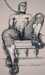 Rule 34 | 1boy, abs, boots, bulge, chain, character request, collar, copyright request, crotch, leash, looking at viewer, male focus, muscular, naughty face, nipples, penis, rokudenashi, topless male, sitting, smile, solo