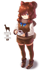Rule 34 | 10s, 1girl, alpaca ears, alpaca suri (kemono friends), alternate color, animal ears, bad id, bad pixiv id, blush, boots, breasts, brown footwear, brown hair, brown thighhighs, character name, closed mouth, coffee, coffee cup, cup, disposable cup, eyebrows, full body, grey eyes, highres, holding, holding cup, holding plate, kemono friends, kosai takayuki, long sleeves, looking at viewer, medium breasts, plate, short hair, smile, solo, standing, thighhighs