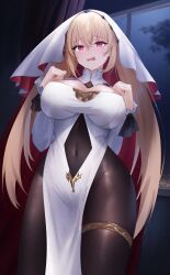 Rule 34 | 1girl, absurdres, azur lane, black bodysuit, blonde hair, blush, bodysuit, breasts, cleavage, clenched hands, clothing cutout, commentary request, covered navel, cowboy shot, curtains, dress, hair between eyes, highres, indoors, kersaint (azur lane), large breasts, long hair, long sleeves, looking at viewer, navel cutout, night, open mouth, partial commentary, pelvic curtain, rausu (undeadmachine), red eyes, sidelocks, skindentation, solo, standing, thighlet, veil, white dress, white veil, window