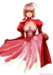 Rule 34 | 10s, 1girl, ahoge, blonde hair, blush, breasts, cleavage, cleavage cutout, clothes lift, clothing cutout, cowboy shot, dress, dress lift, epaulettes, fate/extra, fate (series), green eyes, highres, huge ahoge, jaimito, lips, long sleeves, nero claudius (fate), nero claudius (fate) (all), nero claudius (fate/extra), panties, pantyshot, puffy long sleeves, puffy sleeves, red dress, see-through, solo, standing, underwear, watermark, web address, white background