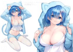 Rule 34 | 1girl, :3, :q, absurdres, animal ears, animal hood, arms up, artist name, bare shoulders, blue eyes, blue hair, blue shorts, blue tail, blush, breasts, cat ears, cat girl, cat hood, cat tail, cleavage, closed mouth, collarbone, crop top, eikaa, full body, grey background, groin, hair ornament, hair over one eye, hands up, highres, hood, hood up, jacket, large breasts, long sleeves, looking at viewer, midriff, multiple views, navel, no shoes, non-web source, open clothes, open jacket, re:zero kara hajimeru isekai seikatsu, rem (re:zero), ribbon, scan, short hair, short shorts, shorts, simple background, sitting, smile, striped, tail, thighhighs, tongue, tongue out, upper body, wariza, watermark, white background, white thighhighs, x hair ornament