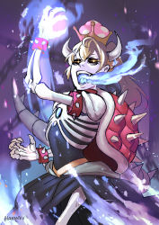 Rule 34 | 1girl, absurdres, armlet, black dress, black sclera, blonde hair, blue fire, bowsette, bracelet, burning mouth, collar, colored sclera, cowboy shot, crown, dress, dry bowser, evil smile, fire, flaming hand, glowing, glowing eyes, hamatsu, hand up, highres, horns, huge filesize, humanization, jewelry, long hair, mario (series), new super mario bros. u deluxe, nintendo, open mouth, ponytail, side slit, skeleton, smile, solo, spiked armlet, spiked bracelet, spiked shell, spikes, standing, strapless, strapless dress, super crown, turtle shell, yellow eyes