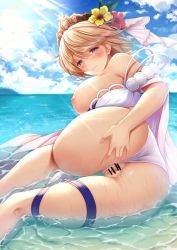Rule 34 | 1girl, ass, bar censor, bare shoulders, bikini, blonde hair, blue eyes, blue sky, blush, breasts, censored, cloud, commentary request, day, europa (granblue fantasy), flower, from behind, granblue fantasy, hair between eyes, hair flower, hair ornament, half-closed eyes, highres, kanopan, large breasts, looking at viewer, looking back, nipples, outdoors, partially submerged, pussy, revision, short hair, sky, smile, solo, spread pussy, swimsuit, thigh strap, thighs, tiara, wet, white bikini