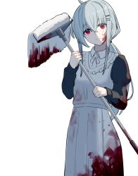Rule 34 | 1girl, ahoge, blood, blood on clothes, blood on face, commentary request, grey hair, hair ornament, hairclip, highres, holding, holding mop, juliet sleeves, kawara pigeon, long hair, long sleeves, looking at viewer, low ponytail, maid, mop, original, puffy sleeves, red eyes, simple background, smile, white background, x hair ornament