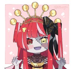 Rule 34 | 1girl, :d, blunt bangs, blush stickers, bow, chibi, claw pose, colored skin, commentary, diamond-shaped pupils, diamond (shape), english commentary, fangs, fingernails, grey skin, hair bow, headgear, heterochromia, hololive, hololive indonesia, kukie-nyan, kureiji ollie, lace, mismatched pupils, multicolored hair, open mouth, pale skin, patchwork skin, red eyes, red hair, sharp fingernails, smile, solo, stitched face, stitches, symbol-shaped pupils, tiara, twitter username, upper body, v-shaped eyebrows, virtual youtuber, x-shaped pupils, yellow eyes, yuri, zombie