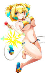 Rule 34 | 1girl, bikini, blonde hair, blue eyes, blue footwear, blue hair, bombergirl, breasts, cleavage, closed mouth, clover-shaped pupils, colored tips, food, full body, fuse tail, hair ornament, hand on own face, holding, holding food, houshi, ice cream, ice cream cone, large breasts, looking at viewer, lowleg, lowleg bikini, multicolored hair, pine (bombergirl), shoe dangle, short hair, simple background, smile, solo, swimsuit, symbol-shaped pupils, two-tone hair, two side up, white background, yellow bikini, yellow pupils