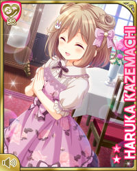 Rule 34 | 1girl, blush, bow, brown hair, rabbit hair ornament, card (medium), chair, character name, dress, closed eyes, girlfriend (kari), hair ornament, hairclip, indoors, instrument, kazemachi haruka, looking at viewer, mansion, official art, open mouth, own hands together, pink bow, purple dress, qp:flapper, red eyes, short hair, short sleeves, smile, solo, table, tagme