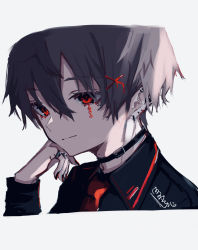 Rule 34 | 1boy, absurdres, black choker, black nails, choker, closed mouth, ear piercing, earrings, facial mark, fingernails, grey background, grey hair, hair between eyes, hair ornament, haruharu 12 31, highres, jewelry, male focus, mole, mole on neck, mole under eye, multicolored nails, nail polish, necktie, original, piercing, pinky ring, red eyes, red nails, red necktie, ring, signature, simple background, smile, solo, upper body, x hair ornament