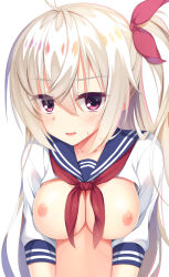 Rule 34 | 1girl, ahoge, akizuki kanna, alternate costume, aria (koiiroharemoyou), blue sailor collar, blush, breasts, breasts out, cafe stella to shinigami no chou, cleavage, cola, commentary request, crossed bangs, eyelashes, eyes visible through hair, hair between eyes, hair ribbon, large breasts, light smile, long hair, looking at viewer, midriff, neckerchief, nipples, no bra, open mouth, purple eyes, red neckerchief, red ribbon, ribbon, sailor collar, school uniform, serafuku, short sleeves, shy, side ponytail, sidelocks, simple background, solo, sweatdrop, upper body, upturned eyes, variant set, very long hair, white background