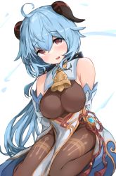 Rule 34 | 1girl, :d, absurdres, ahoge, apron, bare shoulders, black bodysuit, blue hair, blush, bodysuit, bow, breasts, detached sleeves, ganyu (genshin impact), genshin impact, hair bow, highres, horns, long sleeves, looking at viewer, low ponytail, medium breasts, open mouth, seiza, sitting, smile, solo, teruriu