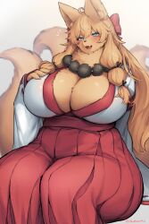 Rule 34 | 1girl, animal ear fluff, animal ears, animal nose, artist name, bead necklace, beads, body fur, bow, breasts, brown fur, cleavage, commission, fang, fox ears, fox girl, fox tail, furry, furry female, grey background, hair bow, hakama, hakama pants, hand on own chest, head tilt, highres, huge breasts, japanese clothes, jewelry, long hair, miko, multiple tails, necklace, open mouth, original, pants, red bow, red pants, skeb commission, smile, solo, suurin (ksyaro), tail, very long hair