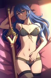 Rule 34 | 1girl, akairiot, armpits, black bra, black panties, black thighhighs, blue eyes, blue hair, blush, bra, breasts, collarbone, falchion (fire emblem), fire emblem, fire emblem awakening, highres, long hair, looking at viewer, lucina (fire emblem), lying, navel, nintendo, on back, panties, parted lips, revision, sheath, sheathed, small breasts, solo, sword, thighhighs, underwear, underwear only, weapon