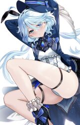 Rule 34 | 1girl, ahoge, animal ears, arms behind head, arms up, ascot, blue eyes, blue hair, blue hat, blue jacket, blush, breasts, brooch, fake animal ears, furina (genshin impact), genshin impact, hair between eyes, hat, high heels, highres, jacket, jewelry, leotard, light blue hair, long hair, long sleeves, looking at viewer, multicolored hair, open clothes, open jacket, playboy bunny, rabbit ears, seiru (prairie), small breasts, solo, streaked hair, swept bangs, thigh strap, thighs, top hat, twintails, white hair, white leotard