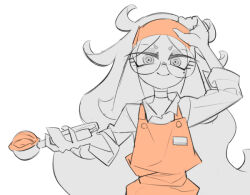 Rule 34 | 1girl, apron, arm above head, arms up, buttons, choker, closed mouth, donuttypd, food, glasses, grabbing, hands up, headband, holding, holding ice cream scoop, ice cream, ice cream scoop, light smile, long hair, long sleeves, looking at viewer, mole, monochrome, name tag, orange apron, orange headband, original, paisley (donuttypd), round eyewear, shirt, simple background, smile, very long hair, white background