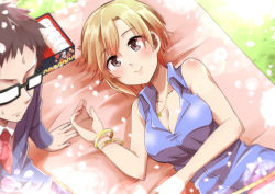 Rule 34 | 1boy, 1girl, aiba yumi, bangle, bento, blonde hair, blurry, blush, bracelet, breasts, brown eyes, cherry blossoms, cleavage, depth of field, food, glasses, hanami, idolmaster, idolmaster cinderella girls, ishii takuma, jewelry, large breasts, looking at another, looking at viewer, lying, necklace, necktie, on side, onigiri, short hair, smile