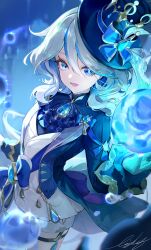 Rule 34 | 1girl, :d, absurdres, blue bow, blue eyes, blue fire, bow, brooch, fire, furina (genshin impact), gem, genshin impact, gloves, hair between eyes, hat, highres, jewelry, lizchief, long sleeves, looking at viewer, magic, open mouth, orb, signature, smile, solo