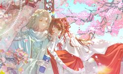 Rule 34 | 1boy, 1girl, branch, brown hair, cherry blossoms, chinese clothes, closed mouth, green eyes, hanfu, highres, long hair, long sleeves, outdoors, petals, rosa (tears of themis), smile, tears of themis, tree, tubayran, vyn richter (tears of themis), white hair, yellow eyes