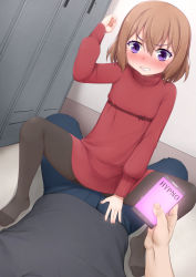 Rule 34 | 1boy, 1girl, arm up, bad id, bad pixiv id, blend s, blue pants, blush, brown hair, brown pantyhose, cellphone, clenched hand, clenched teeth, commentary request, commission, dress, dutch angle, feet, fingernails, glowing, grey shirt, hair between eyes, highres, holding, holding phone, hoshikawa mafuyu, hypnosis, indoors, locker, locker room, long sleeves, mind control, no shoes, nose blush, pants, pantyhose, phone, purple eyes, red dress, shirt, solo focus, spread legs, teeth, thighband pantyhose, toes, vahn yourdoom
