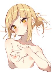 Rule 34 | 1girl, absurdres, blonde hair, blunt bangs, blush, boku no hero academia, breasts, cleavage, closed mouth, collarbone, cropped torso, dot mouth, double bun, eyes visible through hair, hair bun, hand on own chest, highres, looking at viewer, medium breasts, messy hair, nipples, rasusurasu, short eyebrows, short hair with long locks, sidelocks, simple background, sketch, solo, straight hair, toga himiko, topless, tsurime, white background, yellow eyes