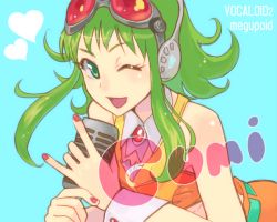 Rule 34 | 1girl, collar, cuffs, goggles, goggles on head, green eyes, green hair, gumi, headphones, matching hair/eyes, microphone, one eye closed, open mouth, short hair, simple background, solo, ukon, vintage microphone, vocaloid, wink, wrist cuffs