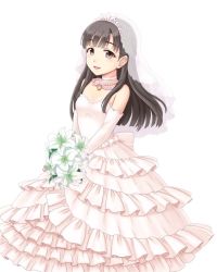 Rule 34 | 1girl, bare shoulders, blush, bouquet, braid, breasts, bridal veil, bride, brown eyes, brown hair, choker, cowboy shot, dress, elbow gloves, flower, frills, gloves, gown, holding, holding bouquet, idolmaster, idolmaster cinderella girls, isaki (gomi), jewelry, kobayakawa sae, long hair, looking at viewer, medium breasts, necklace, open mouth, simple background, smile, solo, straight hair, strapless, strapless dress, veil, wedding dress, white background, white dress, white flower, white gloves