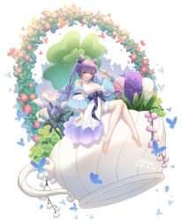 Rule 34 | 1girl, absurdres, alternate costume, bow, bowtie, breasts, bug, butterfly, cleavage, collarbone, commentary request, detached sleeves, double bun, dress, flower, genshin impact, hair bun, highres, insect, keqing (genshin impact), long hair, looking at viewer, purple eyes, purple hair, sidelocks, sitting, smile, solo, teapot, twintails, white dress, yu e baba