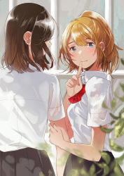Rule 34 | 2girls, black skirt, blonde hair, blue eyes, blush, bow, bowtie, brown hair, closed mouth, collared shirt, commentary request, couple, day, female focus, finger to mouth, fly (marguerite), hand on another&#039;s arm, looking at viewer, mole, mole under mouth, multiple girls, original, pleated skirt, red bow, red bowtie, school uniform, shirt, short hair, short sleeves, shushing, skirt, smile, sunlight, tareme, white shirt, wing collar, yuri