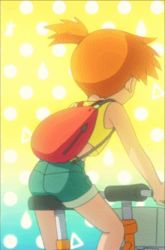 Rule 34 | 1girl, animated, animated gif, backpack, bag, bare shoulders, bicycle, blinking, blue eyes, creatures (company), crop top, from behind, game freak, looking at viewer, looking back, lowres, midriff, misty (pokemon), nintendo, orange hair, pokemon, pokemon (anime), polka dot, polka dot background, riding, riding bicycle, shirt, short hair, shorts, side ponytail, suspenders, tagme, yellow shirt
