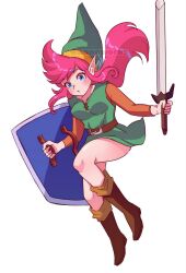 Rule 34 | 1girl, :o, belt, blush, boots, breasts, brown belt, brown sleeves, collarbone, commentary, elf, english commentary, eyelashes, falling, genderswap, genderswap (mtf), green hat, green tunic, hat, highres, holding, holding shield, holding sword, holding weapon, knee boots, knees, link (shounen captain), long bangs, long hair, long sleeves, looking at viewer, medium breasts, nintendo, nonoworks, parted lips, pointy ears, shield, shiny skin, sidelocks, signature, simple background, solo, sword, the legend of zelda, the legend of zelda: a link to the past, thighs, tunic, twitter username, very long hair, watermark, weapon, white background