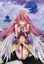 Rule 34 | 10s, 1girl, absurdres, angel wings, asymmetrical legwear, breasts, closed eyes, spiked halo, crop top, feathered wings, gloves, halo, highres, jibril (no game no life), large breasts, long hair, low wings, magic circle, midriff, mismatched legwear, multicolored hair, navel, no game no life, pink hair, seraziel, sitting, smile, solo, stomach, tattoo, thighhighs, white wings, wing ears, wings