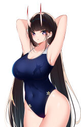 Rule 34 | 1girl, absurdres, alternate breast size, armpits, arms behind head, azur lane, black hair, blue one-piece swimsuit, breasts, catnnn, cleavage, competition swimsuit, covered navel, cowboy shot, highres, horns, huge breasts, impossible clothes, impossible swimsuit, large breasts, long hair, looking at viewer, noshiro (azur lane), noshiro (unwinding in the sunshine) (azur lane), official alternate costume, one-piece swimsuit, oni horns, purple eyes, school swimsuit, simple background, solo, standing, swimsuit, thighs, very long hair, white background
