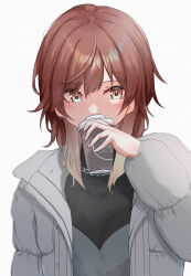 Rule 34 | 1girl, aketa mikoto, blonde hair, blue eyes, brown eyes, brown hair, coffee cup, cup, disposable cup, drinking, earrings, grey jacket, highres, idolmaster, idolmaster shiny colors, jacket, jewelry, long sleeves, ma7bell, multicolored eyes, multicolored hair, open clothes, open jacket, simple background, solo, upper body, white background