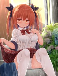 Rule 34 | 1girl, :o, ahoge, bag, black ribbon, blue flower, blush, bow, bra, bra visible through clothes, breasts, brown eyes, brown hair, commentary request, feet out of frame, flower, hair between eyes, hair ribbon, hydrangea, kujou danbo, long hair, looking at viewer, medium breasts, original, panties, parted lips, pink flower, plaid, plaid skirt, pleated skirt, purple flower, rain, red bow, red skirt, ribbon, school bag, see-through, shirt, sitting, skirt, solo, spread legs, thighhighs, two side up, underwear, wet, wet clothes, wet shirt, white bra, white panties, white thighhighs, window