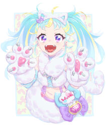 Rule 34 | 1girl, :d, ahoge, animal ear hairband, animal ears, animal hands, blonde hair, blue bow, blue hair, blush, bow, cat ear hairband, cat ears, cat paws, cat tail, claws, commentary request, fake animal ears, fake tail, fangs, fluffy, fur-trimmed skirt, fur scarf, fur trim, gloves, hairband, hands up, long hair, looking at viewer, midriff, multicolored hair, murakami hisashi, myamu, open mouth, paw gloves, pretty series, purple bow, purple eyes, skirt, smile, solo, streaked hair, tail, teeth, twintails, waccha primagi!, white gloves, white hairband, white skirt