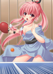 Rule 34 | 10s, 1girl, angel beats!, asa no ha (awayuki), bare shoulders, blue kimono, blush, japanese clothes, kimono, long hair, open mouth, paddle, pink hair, ponytail, red eyes, solo, speed lines, table tennis, table tennis paddle, yui (angel beats!), yukata