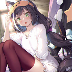 Rule 34 | &gt;:o, 1girl, :o, animal ear fluff, animal ears, black hair, blush, bow, brown thighhighs, cat ears, cat tail, commentary request, eye mask, green eyes, hair bow, highres, karyl (princess connect!), long hair, looking at viewer, low twintails, multicolored hair, princess connect!, purple bow, solo, streaked hair, tail, takase kou, thighhighs, twintails, v-shaped eyebrows, very long hair