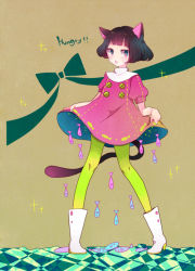 Rule 34 | 1girl, abstract, animal ears, black hair, blunt bangs, boots, bow, brown background, cat ears, cat tail, clothes lift, commentary request, dress, dress lift, fish, green pantyhose, looking to the side, original, pantyhose, pekikokko, pink eyes, puffy sleeves, simple background, sketch, solo, sparkle, standing, stitched, tail, third-party edit, white footwear